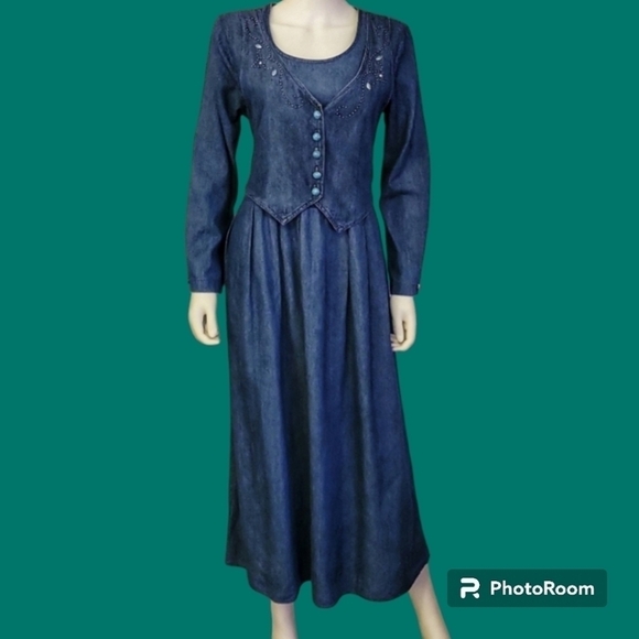VTG STUART ALAN 1980s Western Colonial Chambray Denim Tie Back 2Fer Dress - Picture 1 of 11